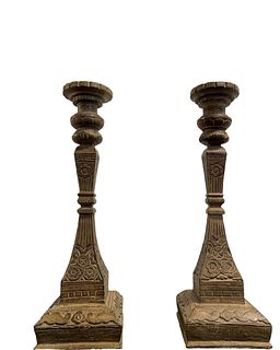Pair of Matching Carved Wood Floral Candleholders