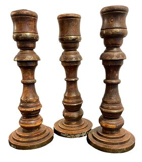 Collection of Three Dark Wood and Brass Banded Candlesticks