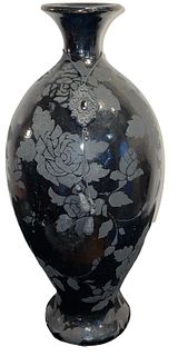Gorgeous Painted Black Terra Cotta Etched Rose Vase