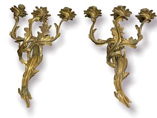 Pair Ornate French Cast Iron Gold Candle Sconces 