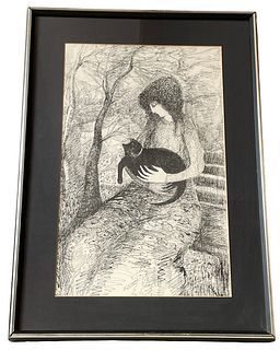 BARBARA A. WOOD Signed Lithograph Titled "Girl with Cat"