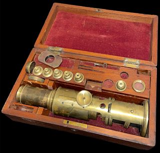 Early 19th C. Brass Microscope and Accessories in Fitted Mahogany Case