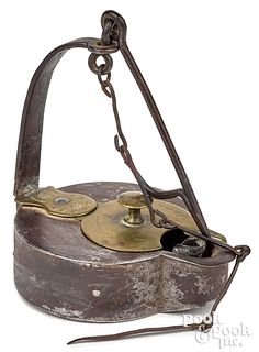 Rare John Long wrought iron and brass fat lamp