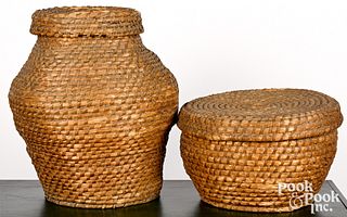 Two large Pennsylvania covered rye straw baskets