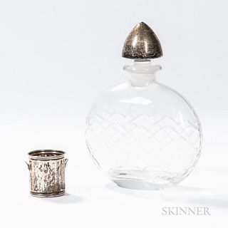 Cut Glass and Silver Decanter with Sterling Silver Garbage Can Shot Glass