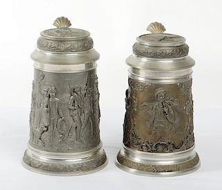 Two Contemporary German Hunting Theme Pewter Beer Steins  