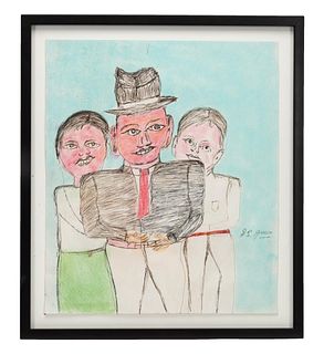 SL JONES, "THREE RED FACES" FOLK ART M/M ON PAPER