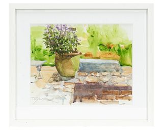 JAMES TAYLOR, POTTED PURPLE FLOWERS, WATERCOLOR