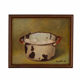 1970 "EGGS IN A COW POT”, OIL ON CANVAS, SIGNED