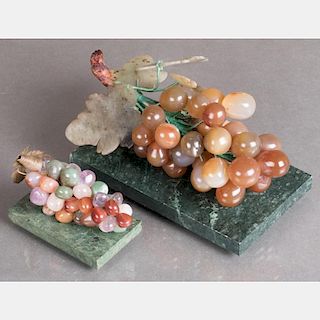 Two Chinese Carved Agate, Quartz, Amethyst and Jade Grape Bunches,