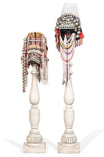 TWO AKHA BEADED HEADDRESSES W/ STANDS