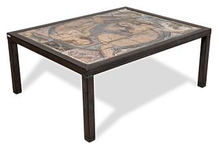 RON MEYERS, FIGURAL TILE STEEL FRAME COFFEE TABLE