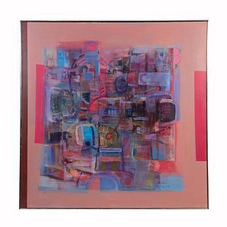 SQUARE PINK & BLUE ABSTRACT O/C, SIGNED