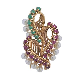 French 1960s 18k Gold Ruby Emerald Pearl Brooch Pin