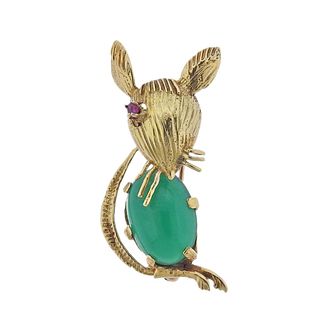 1960s Honora 18k Gold Chrysoprase Ruby Mouse Brooch