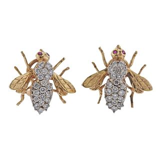 14k Gold Diamond Ruby Bee Insect Earrings