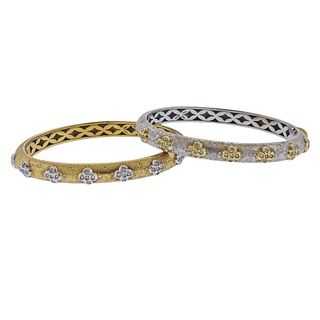 18k Gold Diamond Hand Engraved Bangle Bracelet Set