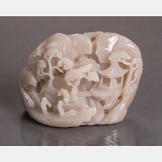 A Chinese Finely Carved White Hetian Nephrite Jade Boulder, Qing Dynasty, 1644-1911,