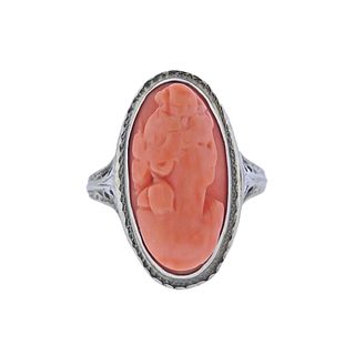 Art Deco 18k Gold Coral Cameo Ring