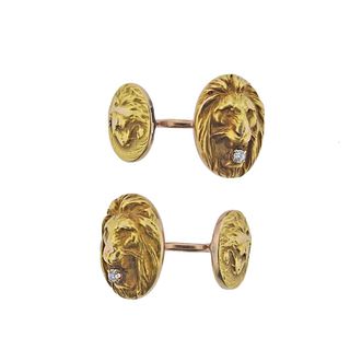 Art Nouveau 14k Gold Lion Head Diamond Cufflinks