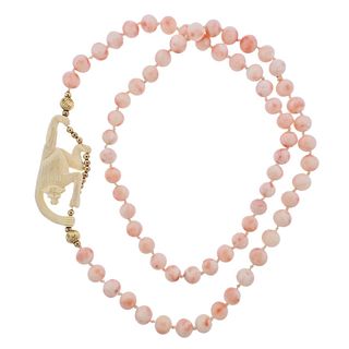 14k Gold Coral Bead Monkey Necklace