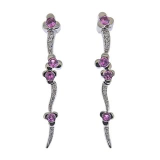 Bucherer 18K Gold Diamond Pink Sapphire Drop Earrings