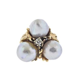 1960s 14k Gold Pearl Diamond Cocktail Ring