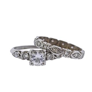 Midcentury Platinum Diamond Engagement Wedding Ring Set