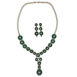14k Gold Diamond Jade Earrings Necklace Set