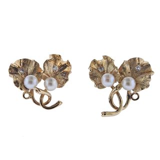 14k Gold Diamond Pearl Leaf Earrings