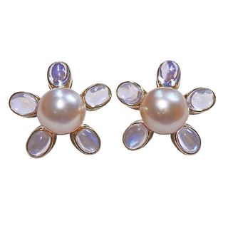 Assael South Sea Pearl Moonstone Gold Flower Earrings
