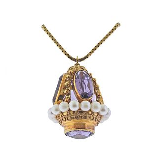 Antique Gold Amethyst Pearl Fob Pendant Necklace