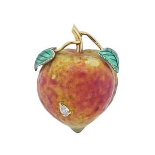 14k Gold Enamel Diamond Peach Fruit Brooch