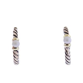 David Yurman Silver 14k Gold Pearl Hoop Cable Earrings