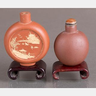 Two Yixing Stoneware Snuff Bottles on Carved Hardwood Stand,
