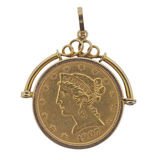 14k Gold 1907 Liberty Head 5 Dollar US Coin Pendant