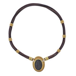 18k Gold Bloodstone Diamond Intaglio Leather Necklace Pendant