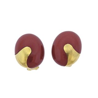 18k Gold Jasper Inlay Oval Earrings