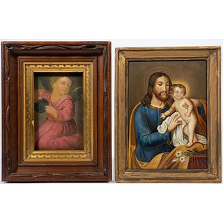 2 Paintings on Tin, an Angel and Infant Jesus