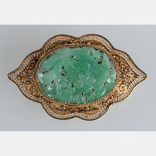 A Gold Plated Sterling Silver and Green Jade Brooch,