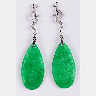 A Pair of 18kt. White Gold, Diamond and Apple Green Jade Earrings,