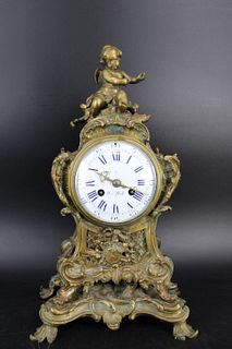 Tiffany Signed Bronze Clock With Cherub Finial.