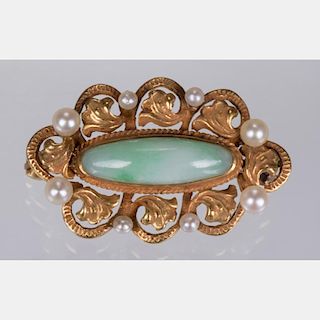 A 14kt. Yellow Gold, Green Jade and Seed Pearl Brooch.