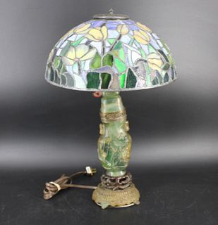 Art Deco Quartz Lamp With Leaded Glass Shade