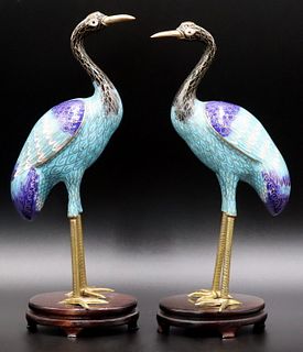 Pair of Chinese Cloisonne Standing Cranes.