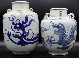 (2) Antique Asian Blue and White Wine Vessels.