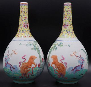 Pair of Chinese Famille Rose Bottle Neck Vases.