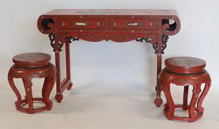 Chinese Red Lacquered Console with Jade Pulls.