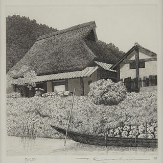 Ryohei Tanaka Etching Farm Scene w/ Boat