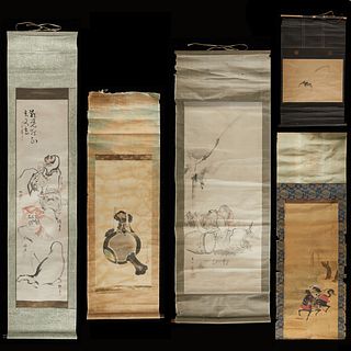 Grp: 5 Japanese Scroll Paintings Chikanobu
